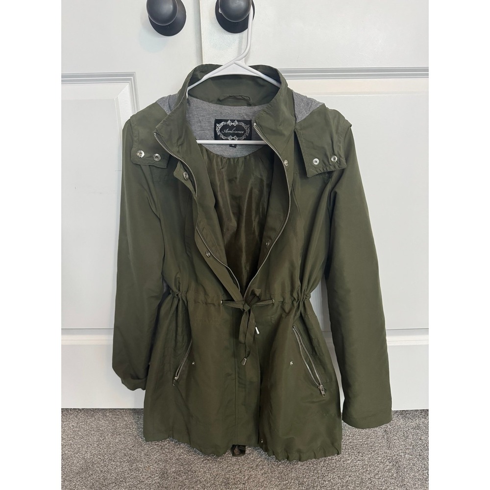 Ambiance Women Olive Green Hooded Anorak Trench Jacket Size M Drawstring Waist